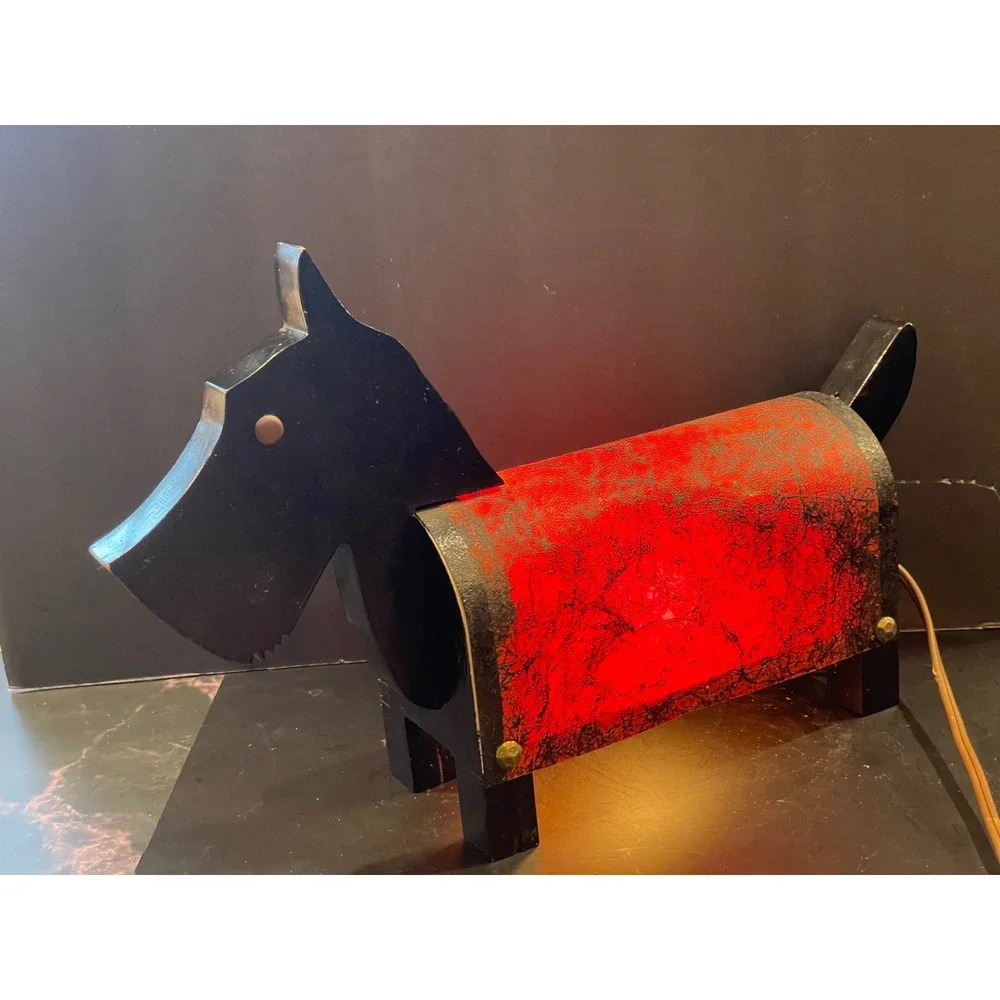 Vintage Scottie Dog Table Lamp Art Deco Scottish Terrier Wood Accent Light Red